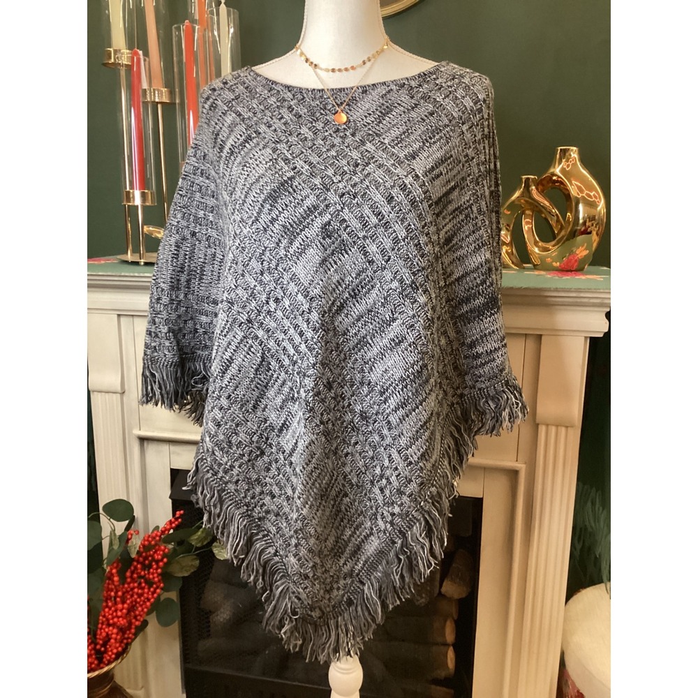 Westbound Black White Knit Fringe Poncho Sweater One‎ Size Womens